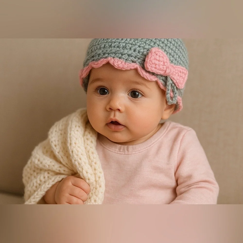 Handmade Crochet Baby Booties/hat– Pink & Sage Green | Soft 3–6 Month Baby Shoes - Picture 2 of 5